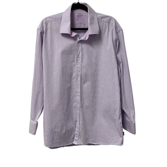 ENGLISH LAUNDRY DRESS SHIRT CHECK TEXTURED FLIP CUFF MENS SIZE 17.5 34/35 PURPLE - Picture 1 of 12